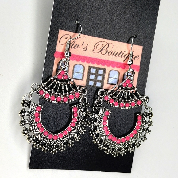 Silver Pink Bohemian Dangle Earrings - Picture 3 of 4